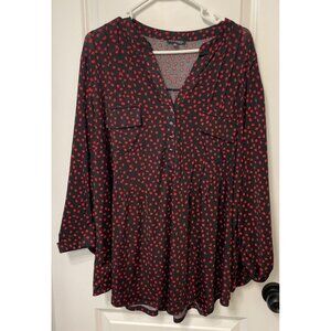 Womens Black & Red Polka Dot 3/4 Sleeve Top Comfort Loose Fit Classic